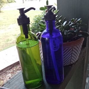 Vintage Glass Bottles with Dispenser Top - Green and Blue